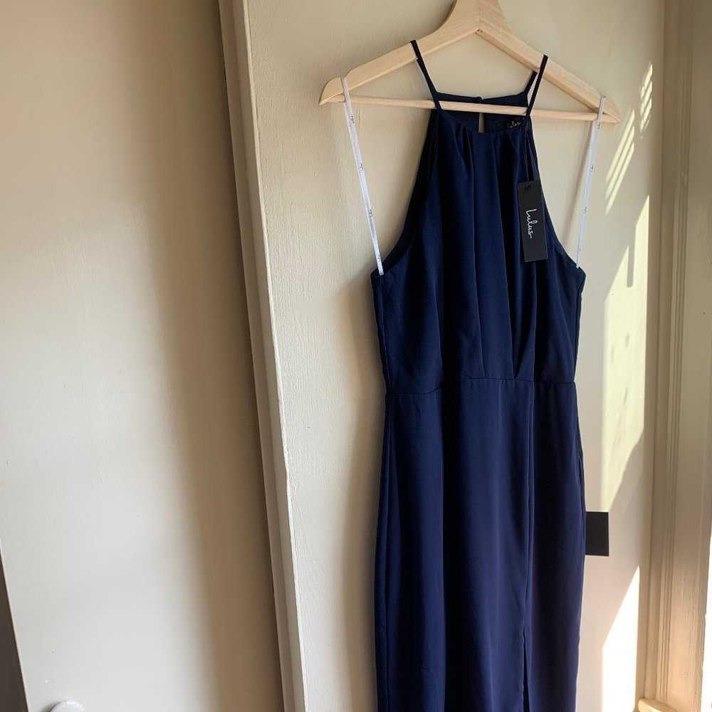 Lulus Dreamy Date Night Navy Blue Sleeveless Midi Dress